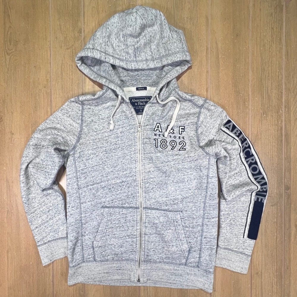 Abercrombie & Fitch Mens Muscle Fit Full Zip‎ Hoodie Grey Marl Logo 1B4333